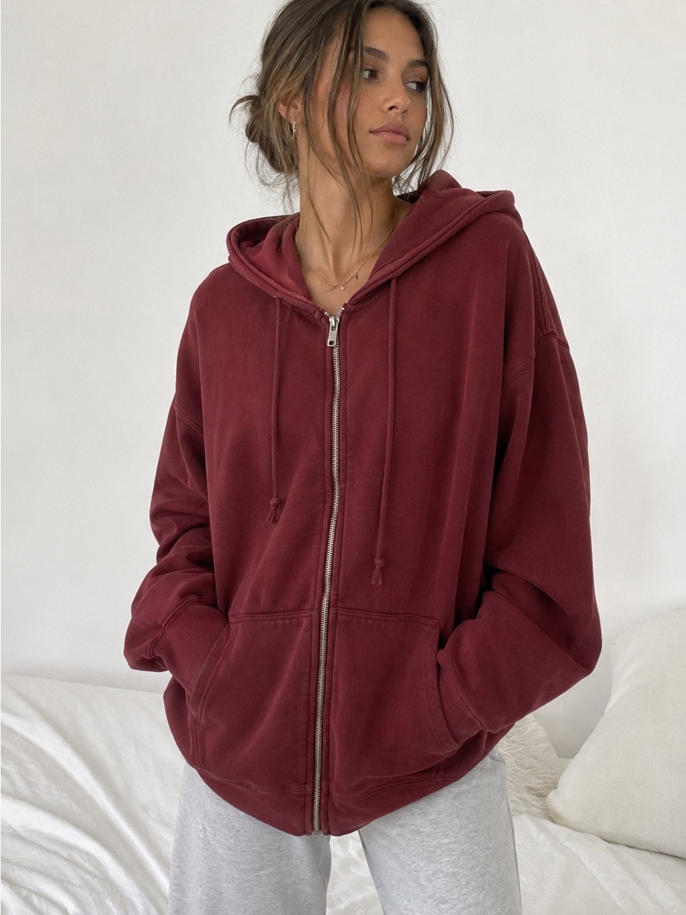 Brandy Melville Burgundy Oversized Zip Up Hoodie Maroon One Size